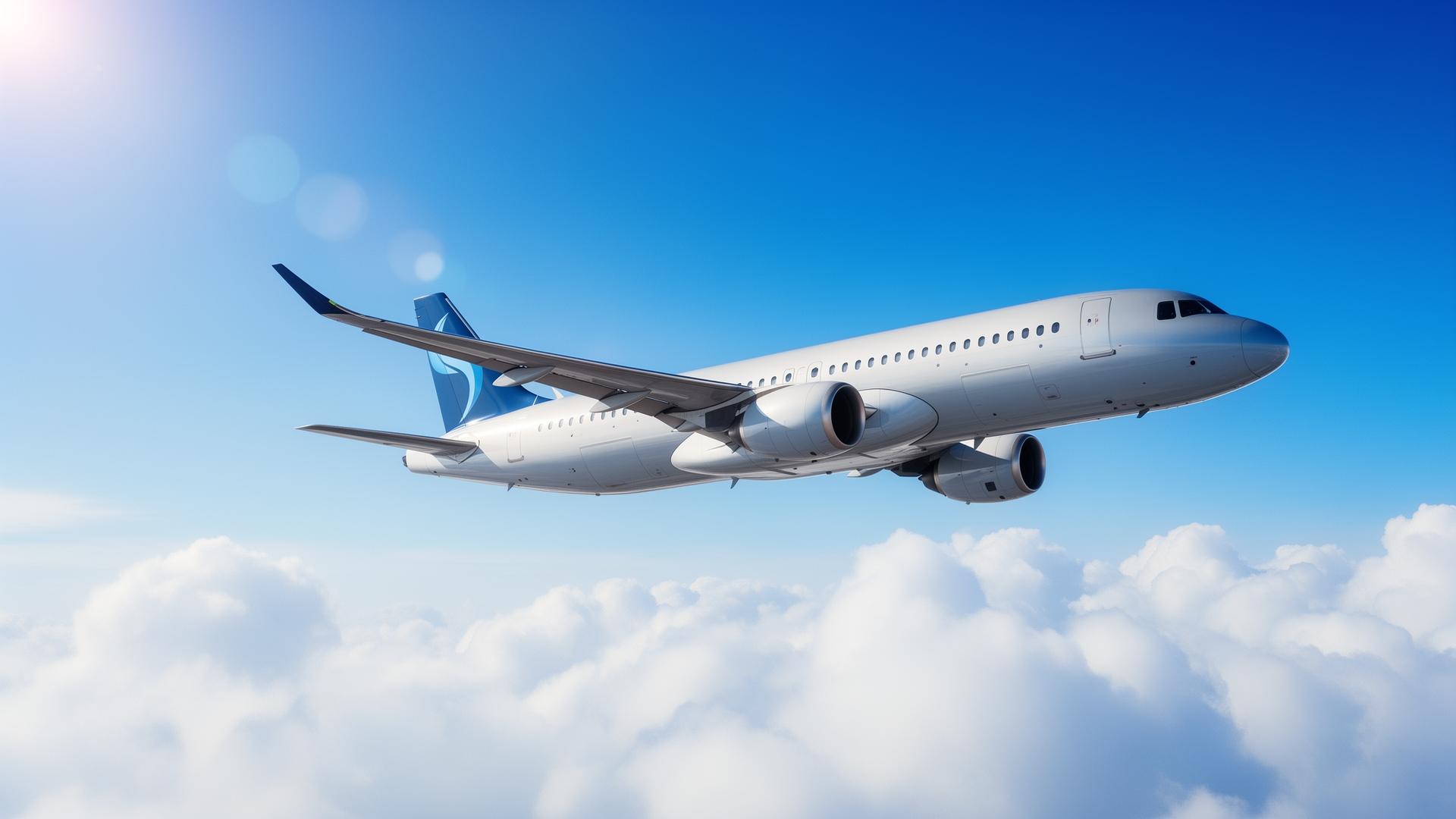 Commercial aircraft flying through blue sky